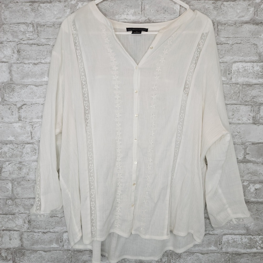 Preswick & Moore Blouse White Floral Lace Embroidery Gauzy Boho Cottagecore XL